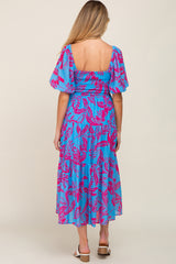 Blue Leaf Print Front Twist Tiered Maternity Dress