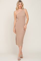 Mocha Ribbed One Shoulder Side Slit Maternity Midi Dress