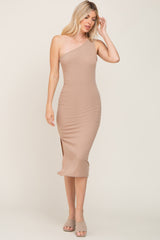 Mocha Ribbed One Shoulder Side Slit Midi Dress