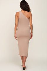 Mocha Ribbed One Shoulder Side Slit Maternity Midi Dress