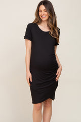 Black Ribbed Ruched Side Wrap Maternity/Nursing Dress