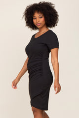 Black Ribbed Ruched Side Wrap Dress