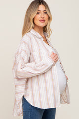 Ivory Striped Front Pocket Maternity Button Up Top