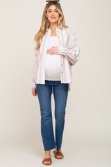 Ivory Striped Front Pocket Maternity Button Up Top