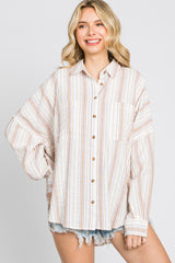 Ivory Striped Front Pocket Button Up Top