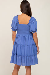 Blue Smocked Tiered Puff Sleeve Maternity Dress