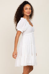 White Smocked Tiered Puff Sleeve Dress