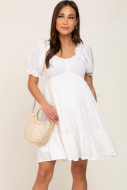 White Smocked Tiered Puff Sleeve Maternity Dress