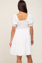 White Smocked Tiered Puff Sleeve Maternity Dress