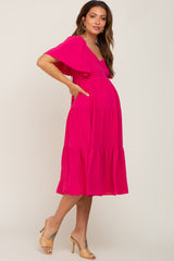 Fuchsia Crisscross Back Tiered Maternity Midi Dress