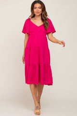 Fuchsia Crisscross Back Tiered Maternity Midi Dress