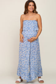 Blue Floral Strapless Ruffle Maternity Jumpsuit