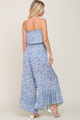 Blue Floral Strapless Ruffle Jumpsuit