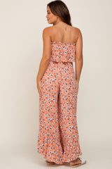 Peach Floral Strapless Ruffle Maternity Jumpsuit