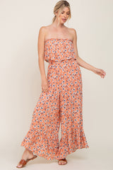 Peach Floral Strapless Ruffle Maternity Jumpsuit