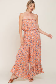 Peach Floral Strapless Ruffle Jumpsuit