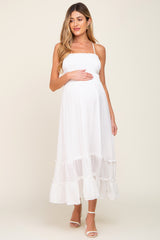 White Smocked Tiered Maternity Midi Dress