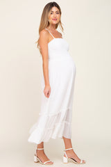 White Smocked Tiered Maternity Midi Dress