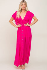 Fuchsia Flounce Button Front Maxi Dress