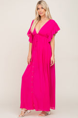 Fuchsia Flounce Button Front Maxi Dress