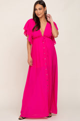 Fuchsia Flounce Button Front Maternity Maxi Dress