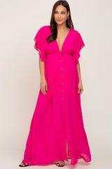 Fuchsia Flounce Button Front Maternity Maxi Dress