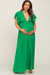 Green Flounce Button Front Maternity Maxi Dress