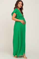 Green Flounce Button Front Maternity Maxi Dress