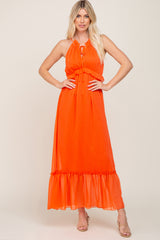 Orange Chiffon Ruffle Accent Halter Maxi Dress