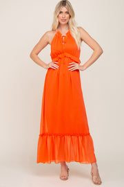 Orange Chiffon Ruffle Accent Halter Maxi Dress