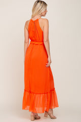 Orange Chiffon Ruffle Accent Halter Maxi Dress