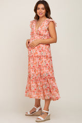 Coral Floral Ruffle Tiered Maternity Midi Dress