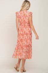 Coral Floral Ruffle Tiered Midi Dress