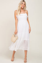 White Shirred Ruffle Midi Dress