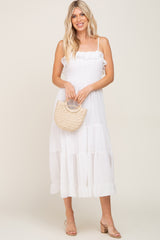 White Shirred Ruffle Midi Dress