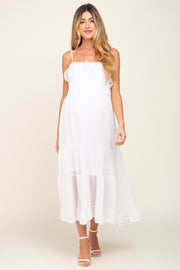 White Shirred Ruffle Maternity Midi Dress