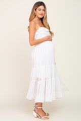 White Shirred Ruffle Maternity Midi Dress