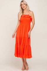 Orange Shirred Ruffle Maternity Midi Dress