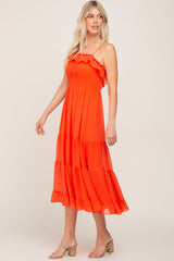 Orange Shirred Ruffle Midi Dress