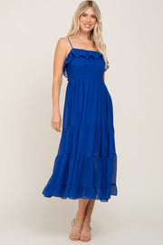 Royal Blue Shirred Ruffle Midi Dress