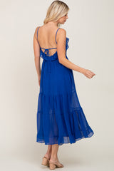 Royal Blue Shirred Ruffle Midi Dress