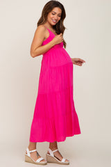 Fuchsia Sleeveless Tiered Maternity Midi Dress