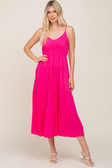 Fuchsia Sleeveless Tiered Maternity Midi Dress