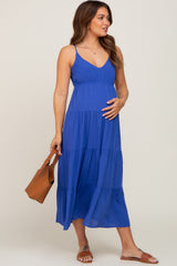 Royal Blue Sleeveless Tiered Maternity Midi Dress