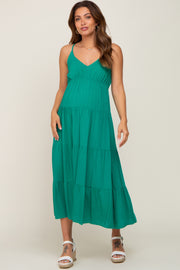 Green Sleeveless Tiered Maternity Midi Dress