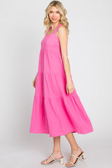 Neon Pink Tiered Crisscross Strap Midi Dress