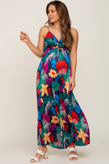 Black Tropical Floral Satin Pleated Maternity Maxi Dress