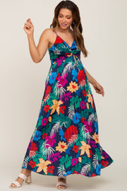 Black Tropical Floral Satin Pleated Maternity Maxi Dress