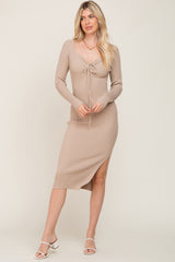 Beige Ribbed Ruched Front Long Sleeve Midi Dress