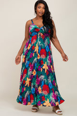 Black Tropical Floral Satin Pleated Plus Maxi Dress